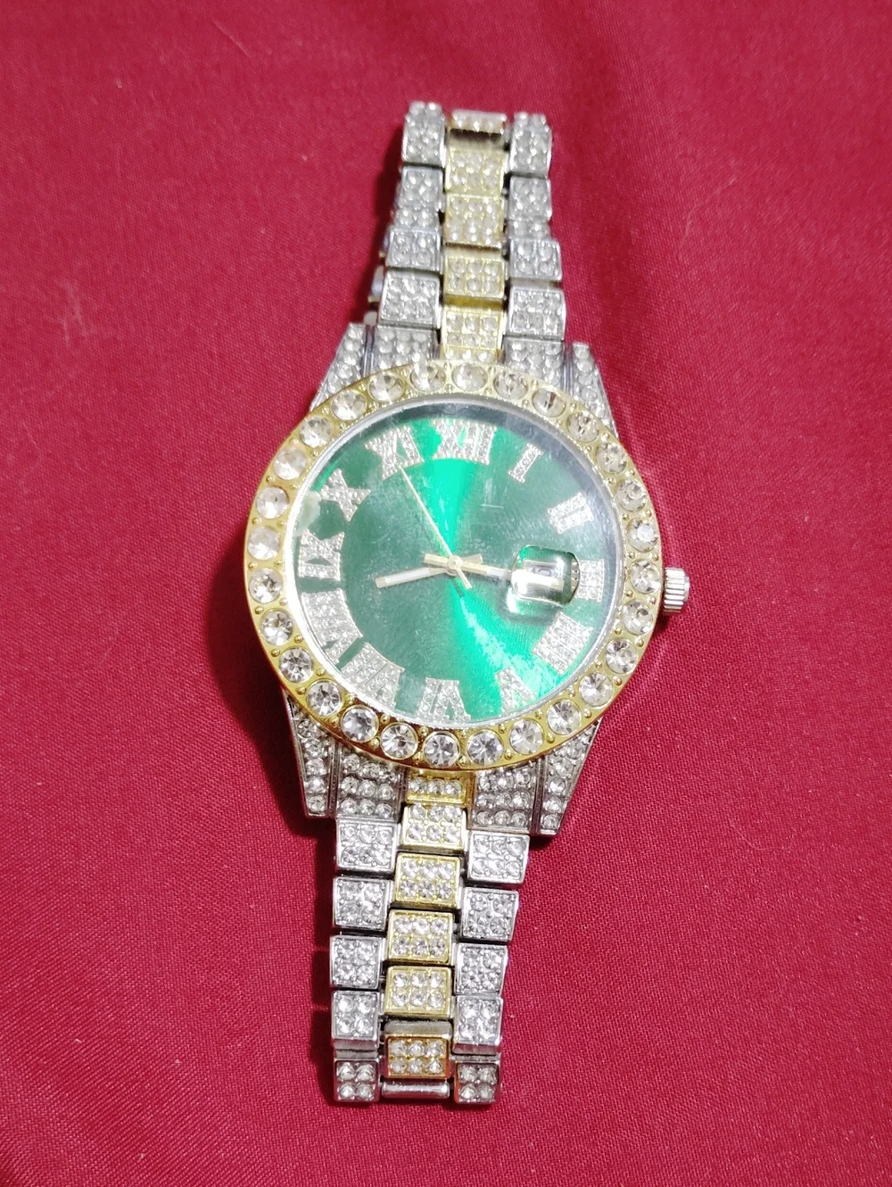 Stainless Steel And Gold Plated Watch With CZ Stones And Green Dial